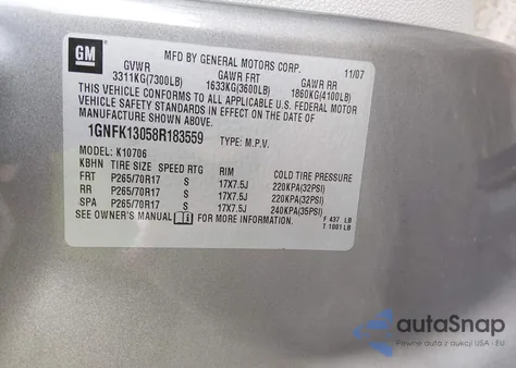 2008 Chevrolet Tahoe Lt z USA, uszkodzony, nr VIN 1GNFK13058R183559